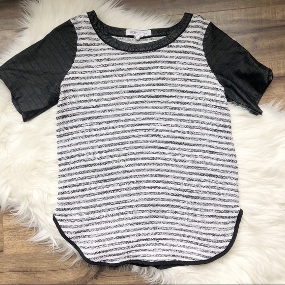 BCBGeneration Tops - BCBG Black/White Striped Leather Sleeve Top M